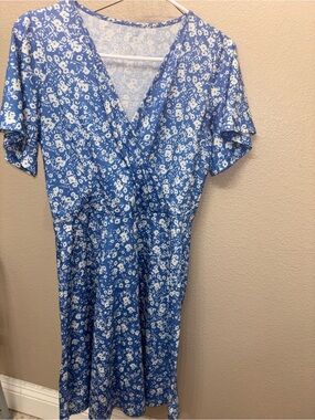 Blue Floral Wrap-Style Midi Dress
